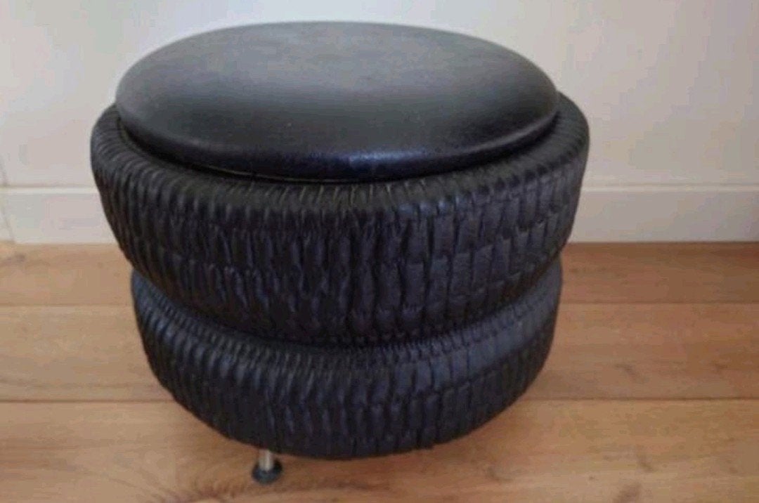 Space Age skai leren Poef / naaipoef / voetenbank / kruk, Ophalen, Space Age / Landelijk, Minder dan 50 cm, Rond