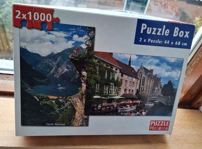 Puzzle Box: 2x1000 stukjes - Fjord Noorwegen & Brugge, Hobby en Vrije tijd, Denksport en Puzzels, Gebruikt, Legpuzzel, 500 t/m 1500 stukjes