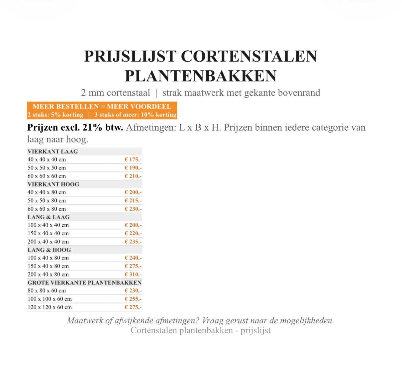 Cortenstalen plantenbakken op maat | Diverse maten, Ophalen, 100 cm of meer, Nieuw, Binnen