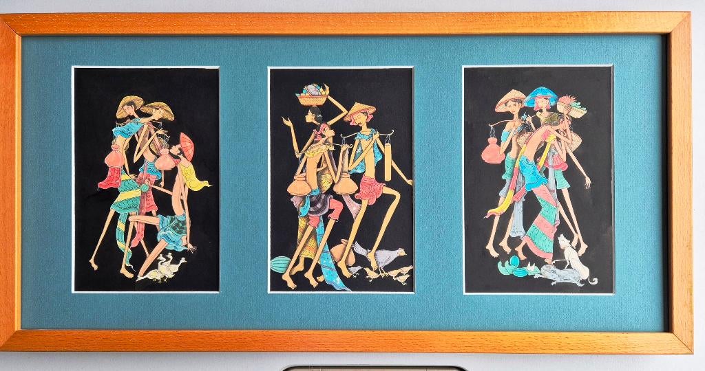 3 ingelijste prenten uit Bali, Ubud, Ophalen of Verzenden