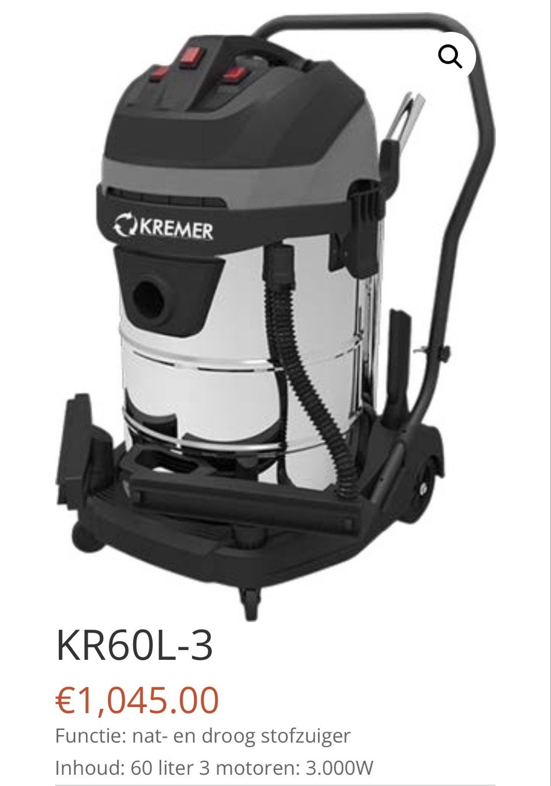Kremer KR60L-3 Industriële Nat- en Droogstofzuiger 60L, Doe-het-zelf en Verbouw, Ophalen, Nieuw, Overige typen