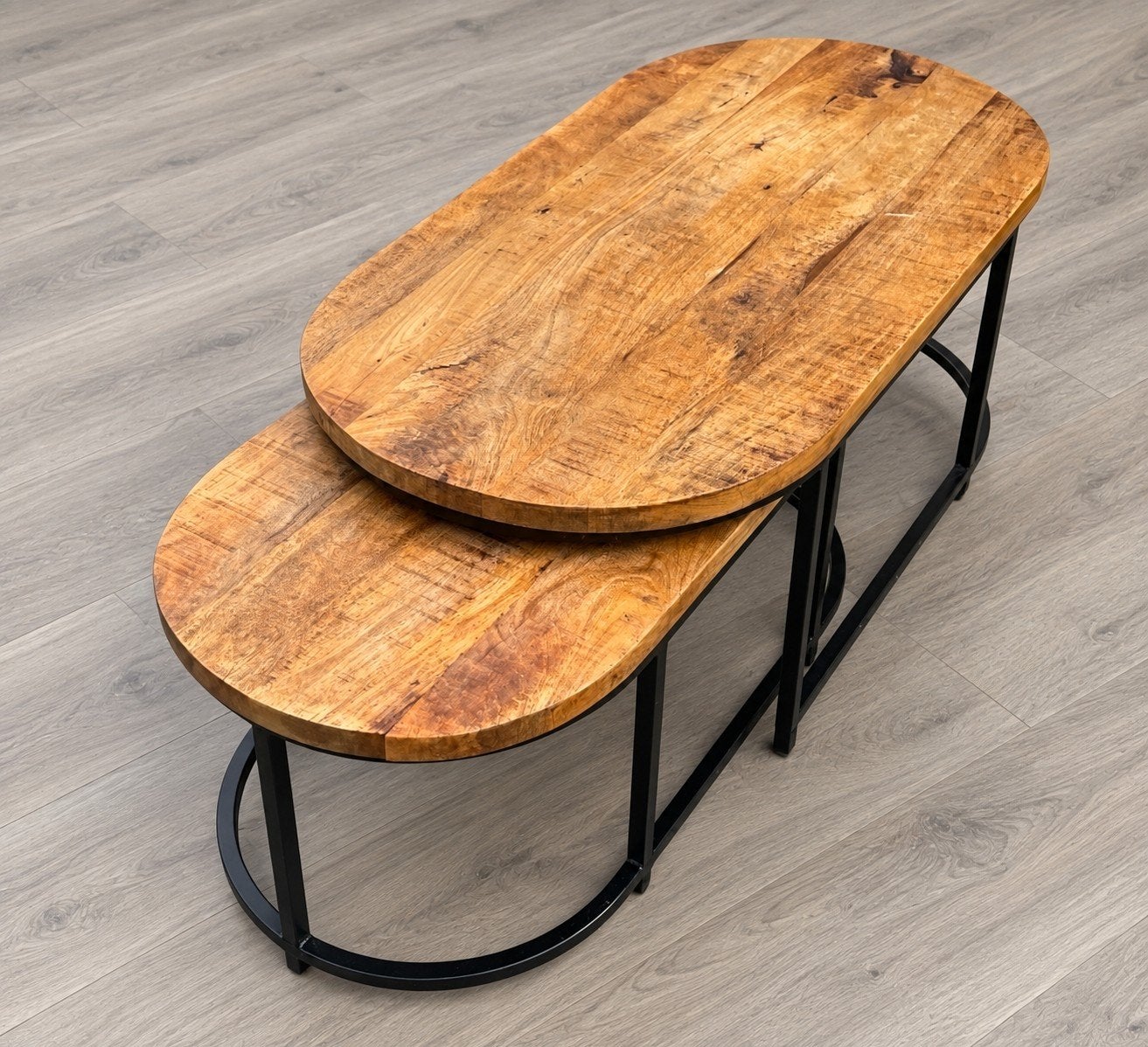Ovalen dubbele Beol mango houten salontafel, Huis en Inrichting, Beol, 50 tot 100 cm, Zo goed als nieuw, Ovaal