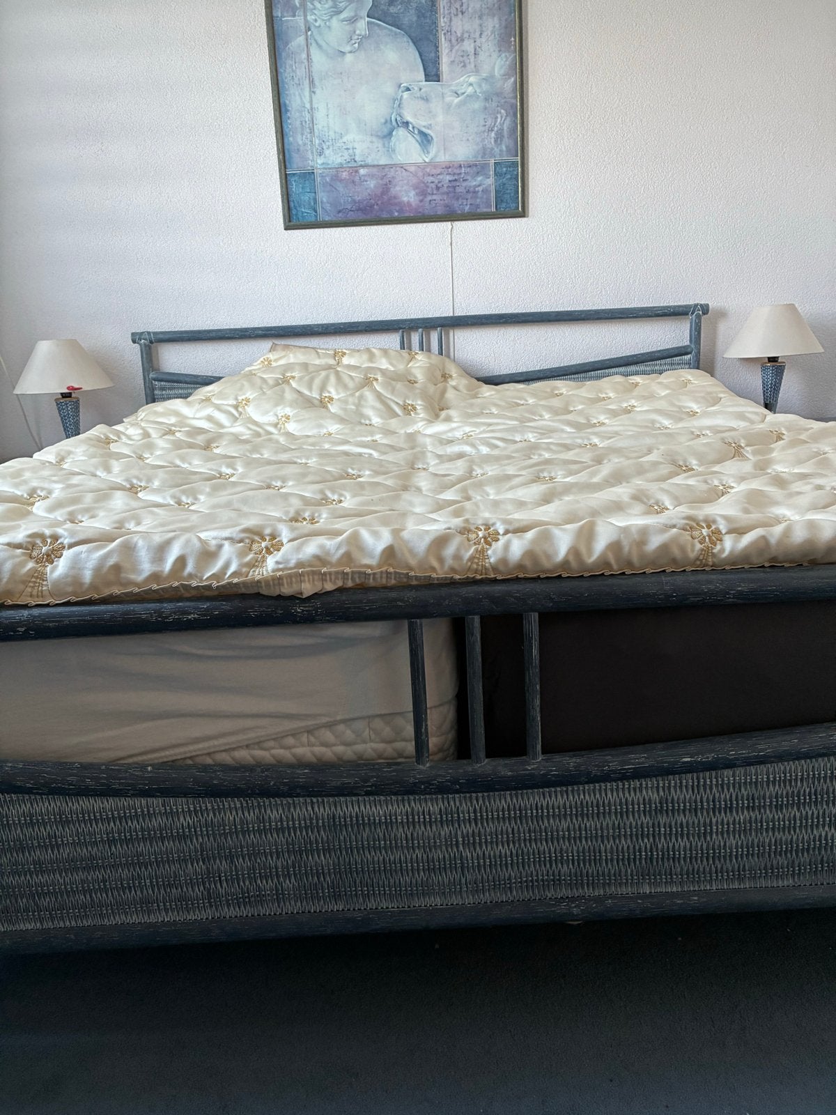 Tweepersoonsbed met nachtkastjes - Rotan/Hout, Ophalen, Gebruikt, Blauw, Tweepersoons