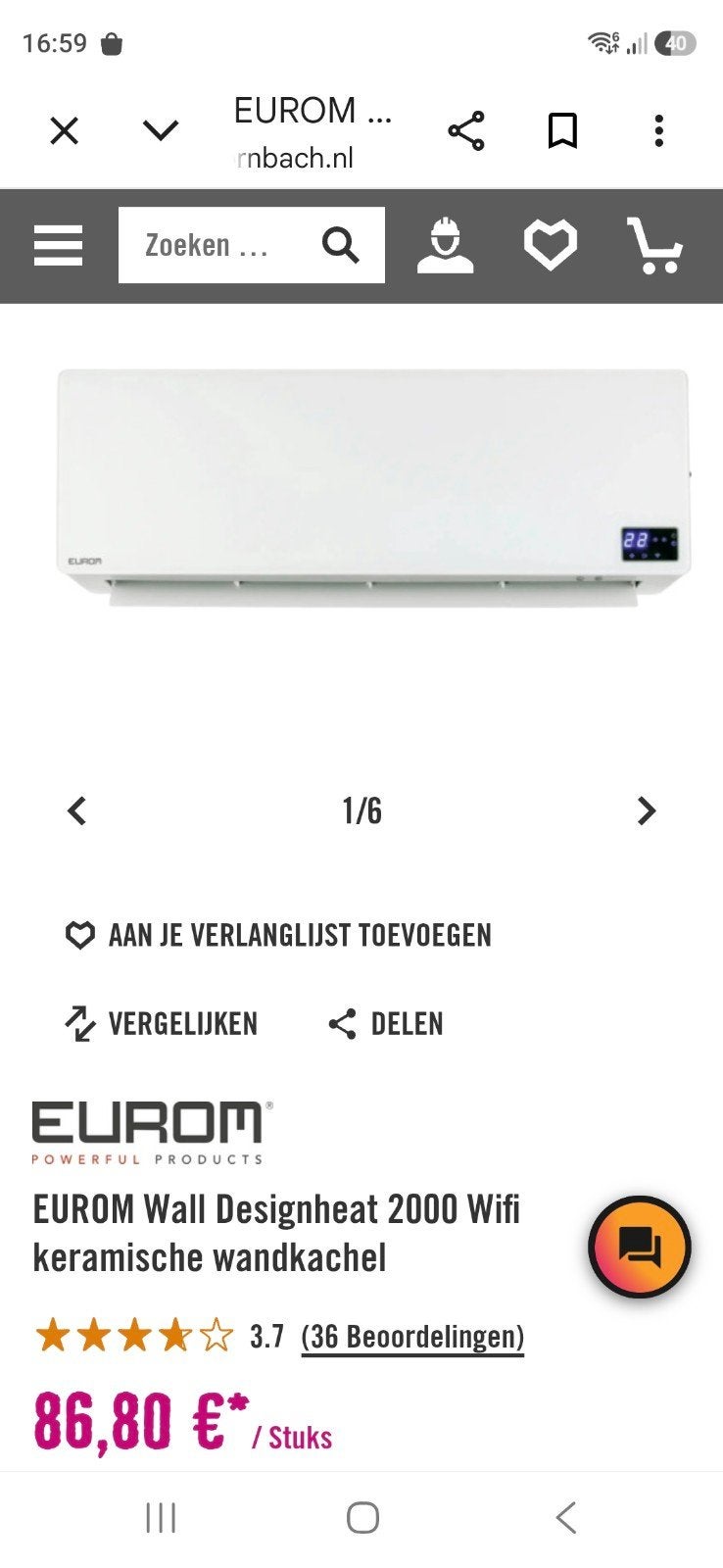 EUROM Wall Designheat 2000 Wifi keramische wandkachel, Ophalen, Timer, Minder dan 60 m³, Zo goed als nieuw