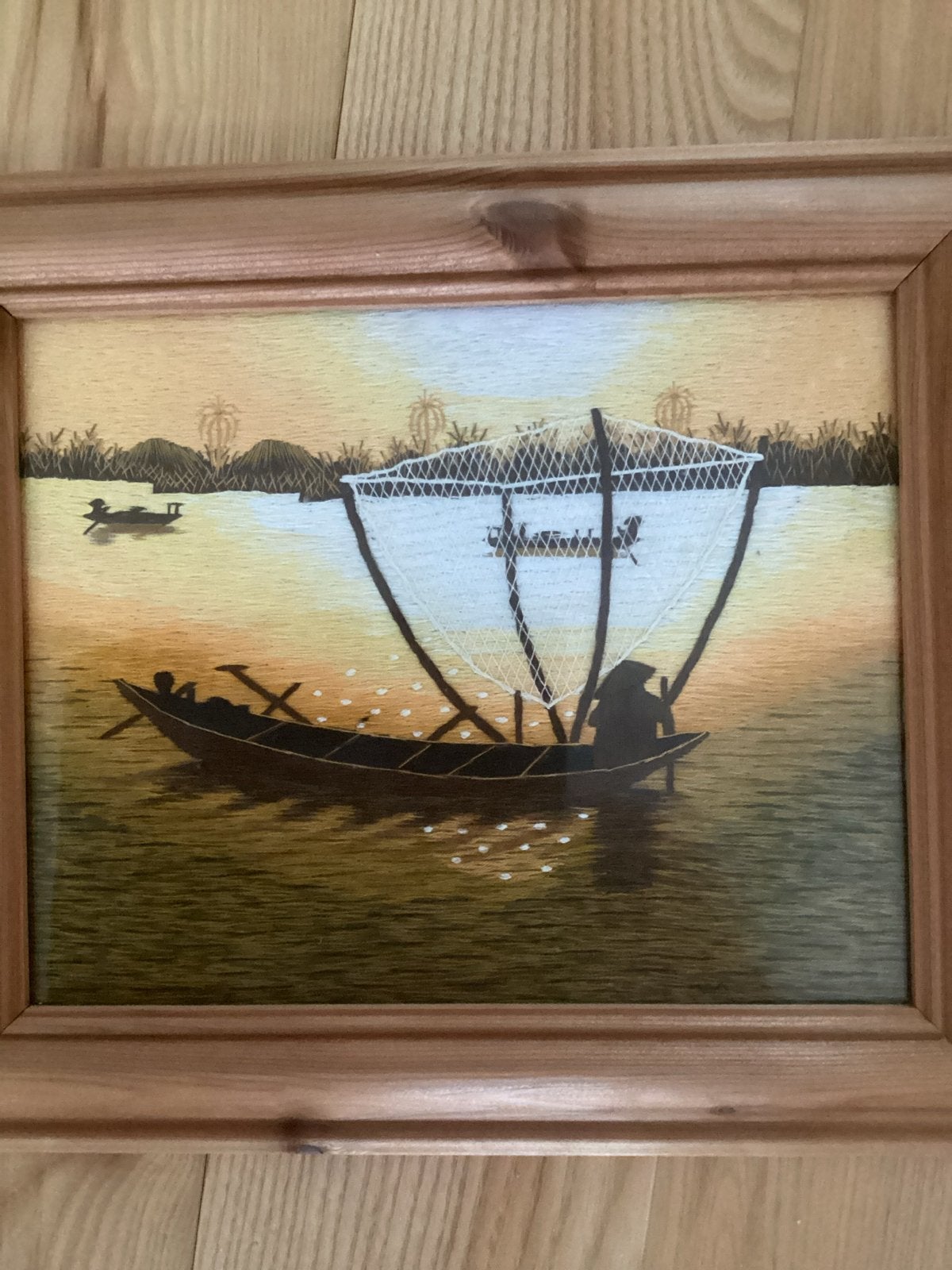 Schilderij met vissersboot en zonsondergang, Ophalen of Verzenden, Nieuw, Minder dan 50 cm, Schilderij