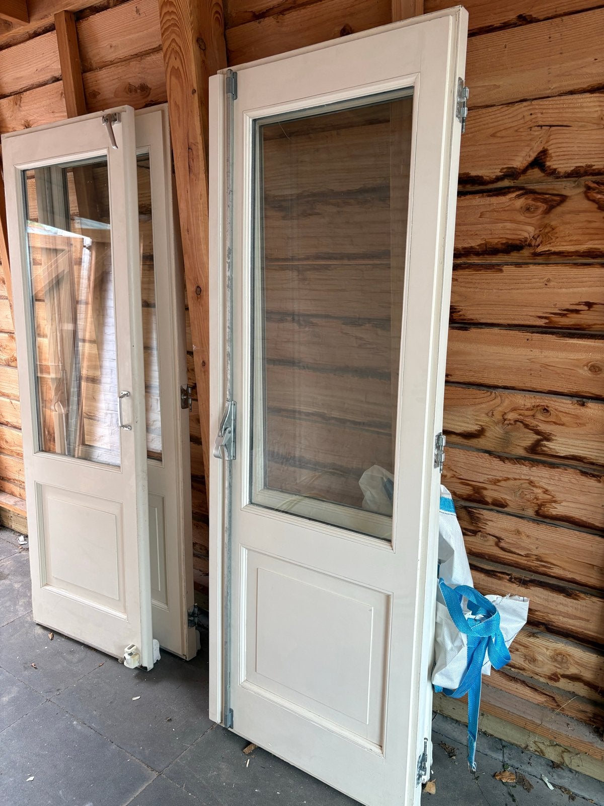 Set van 2 gebruikte houten deuren met glas, Ophalen, Gebruikt, 120 cm of meer, 200 tot 215 cm