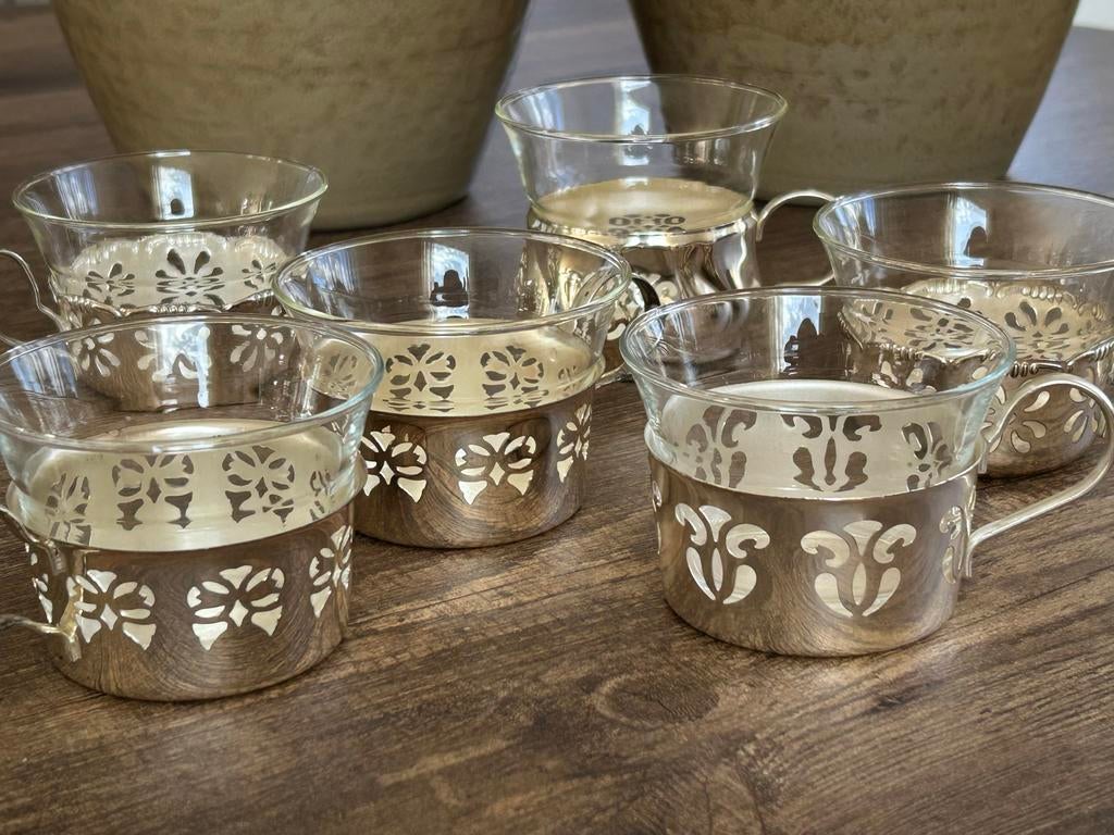 Set van 6 Vintage Theeglazen met Zilverplate Houders, Antiek en Kunst, Antiek | Glas en Kristal, Ophalen of Verzenden