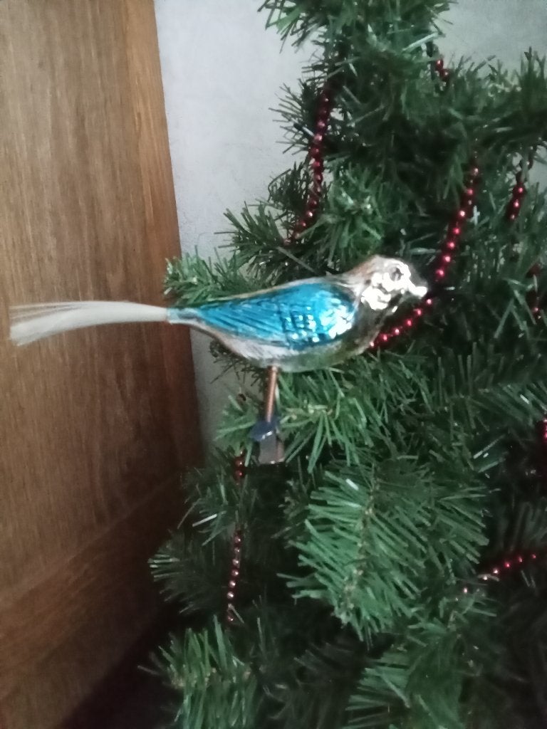 mooie grotere glazen vogel op clip blauwe vleugel, Diversen, Ophalen of Verzenden, Gebruikt
