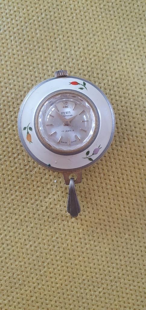 Vintage Fero Feldmann zakhorloge met bloemmotief, Overige merken, Overige materialen, Zakhorloge, Gebruikt