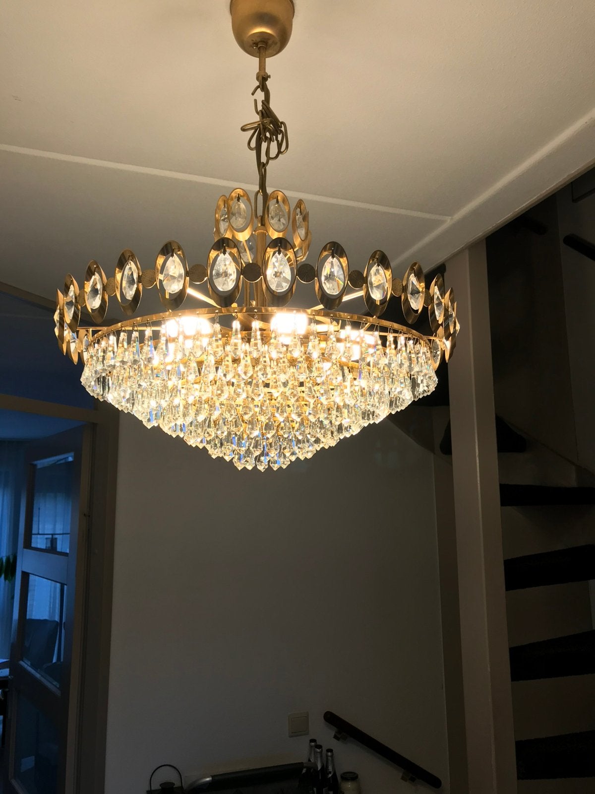 Swarovski lamp, goud verguld met grote geslepen kristallen, Huis en Inrichting, Lampen | Kroonluchters, Ophalen, Zo goed als nieuw