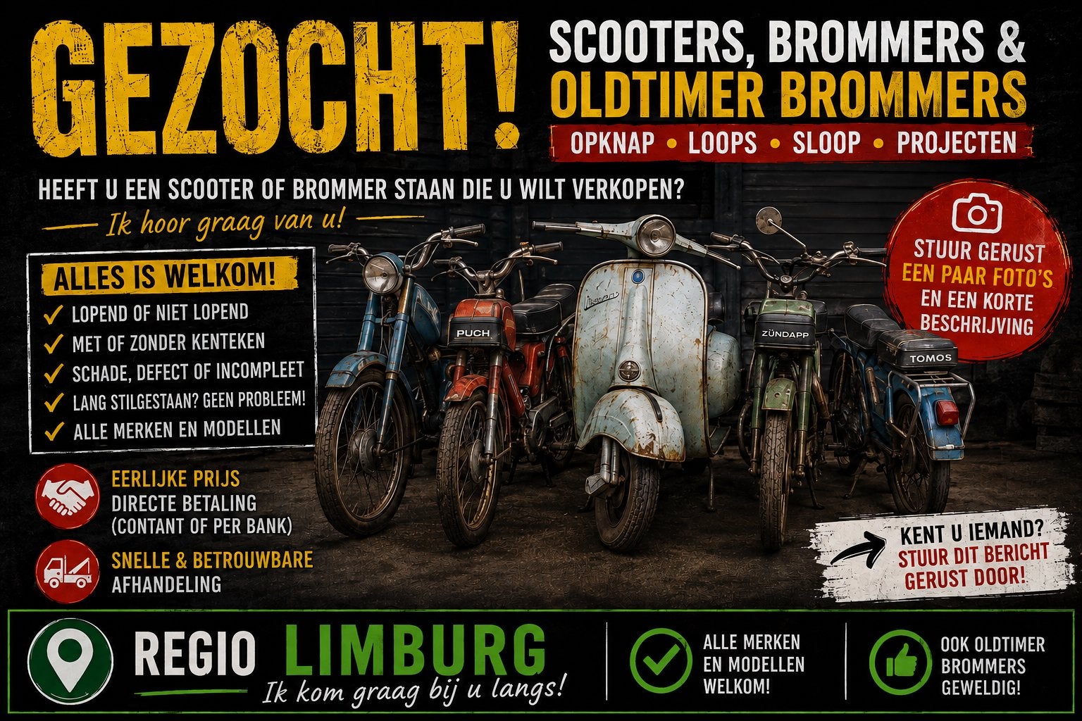 GEZOCHT: brommers en scooters!, Ophalen, Zo goed als nieuw, Overige typen