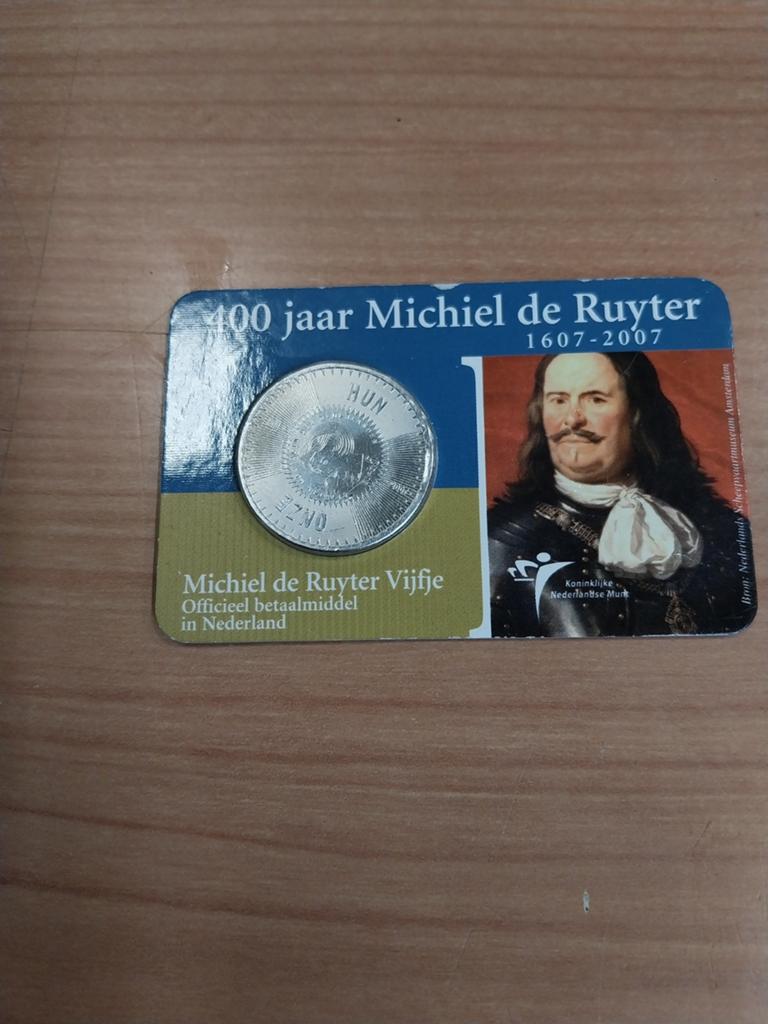 Michiel de Ruyter Vijfje Zilveren €5,- munt 2007, Koningin Beatrix, Zilver, Euro's, Ophalen of Verzenden
