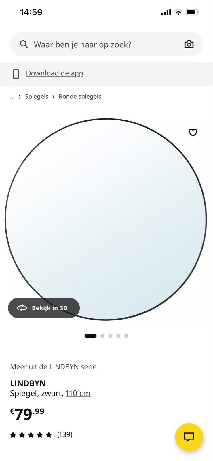 LINDbyn spiegel, zwart, 110 cm, Ophalen, 100 tot 150 cm, Rond, Zo goed als nieuw