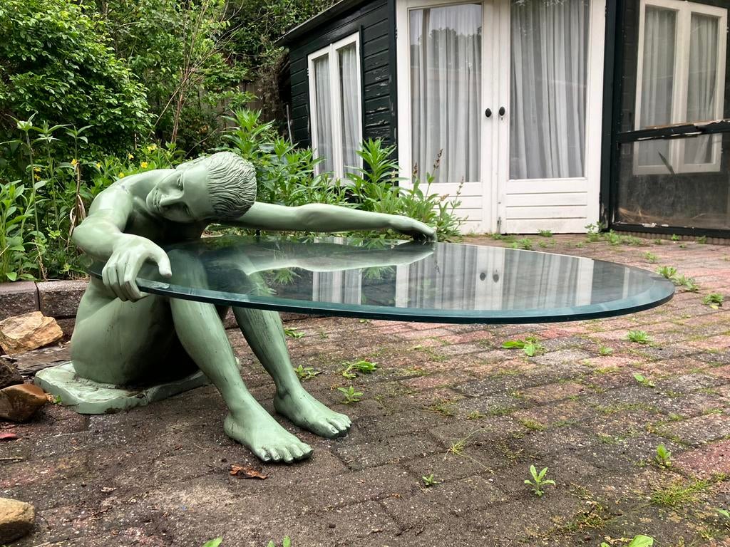 Bronzen salon/ tuintafel met glasplaat, Tuin en Terras, Ophalen of Verzenden, Zo goed als nieuw, Rechthoekig