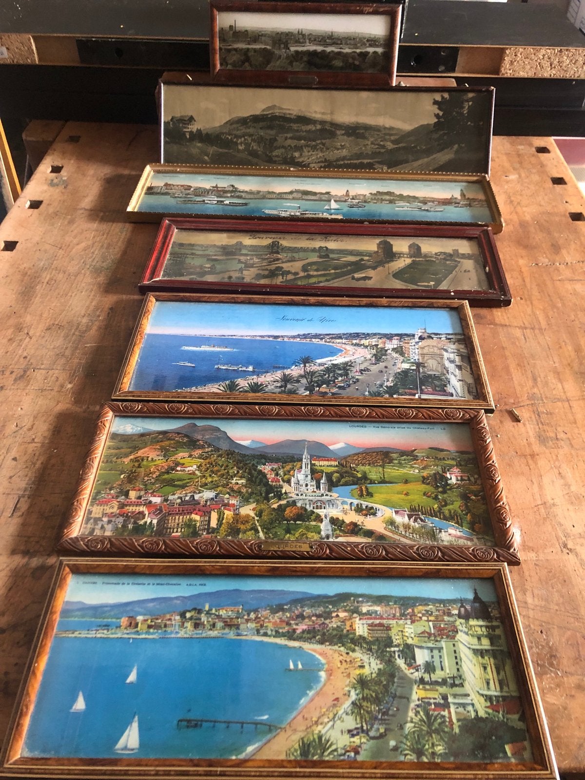 Set van 7 Vintage Ingelijste panorama’s - Diverse Steden, Ophalen of Verzenden