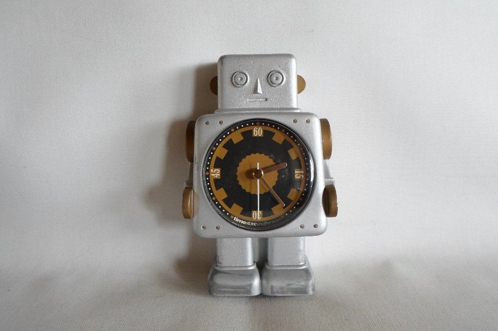 Vintage Robot Klok Aluminium, Gebruikt, Analoog, Ophalen of Verzenden, Staande klok