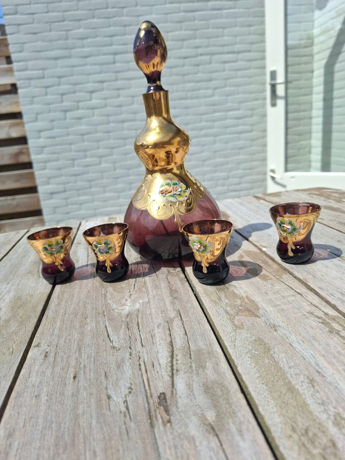 Vintage Karaf met Borrelglaasjes - Paars en Goud, Ophalen of Verzenden