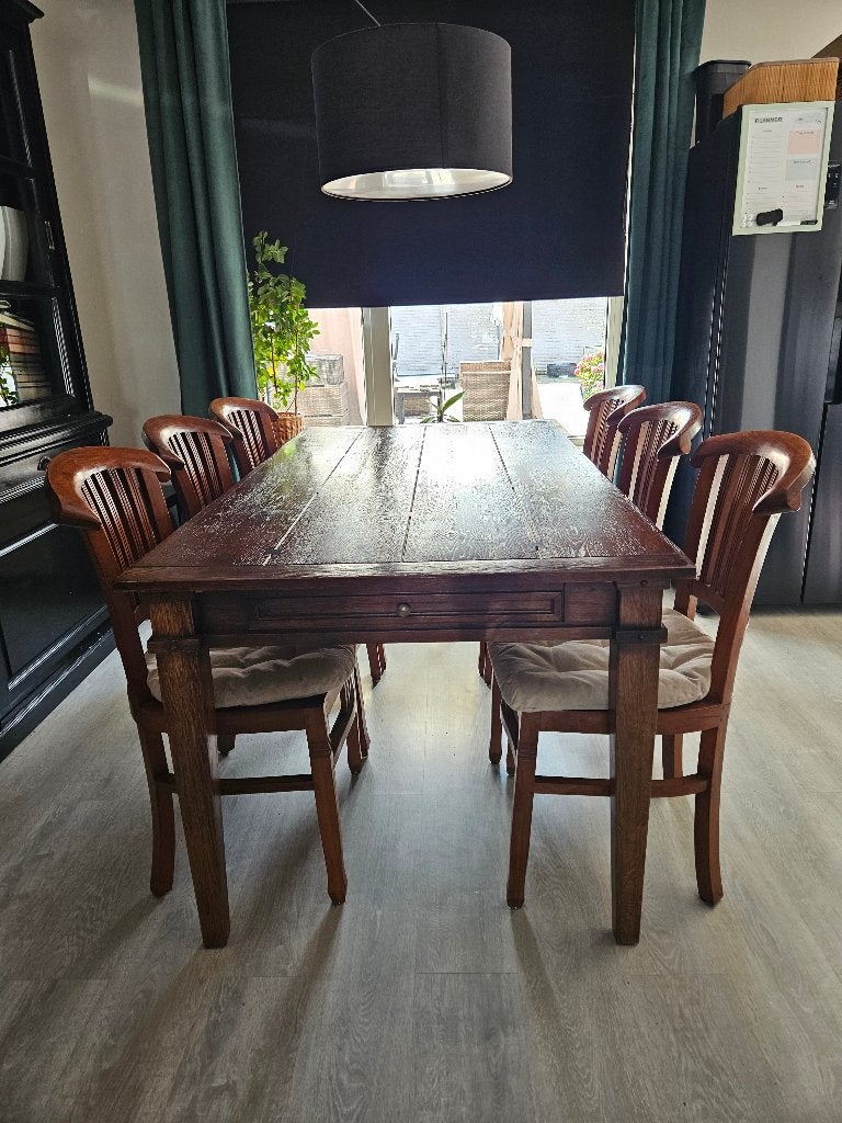 Koloniale eettafel 6, 8, 10 personen met 6 stoelen, Huis en Inrichting, Tafels | Eettafels, Ophalen, 200 cm of meer, 50 tot 100 cm