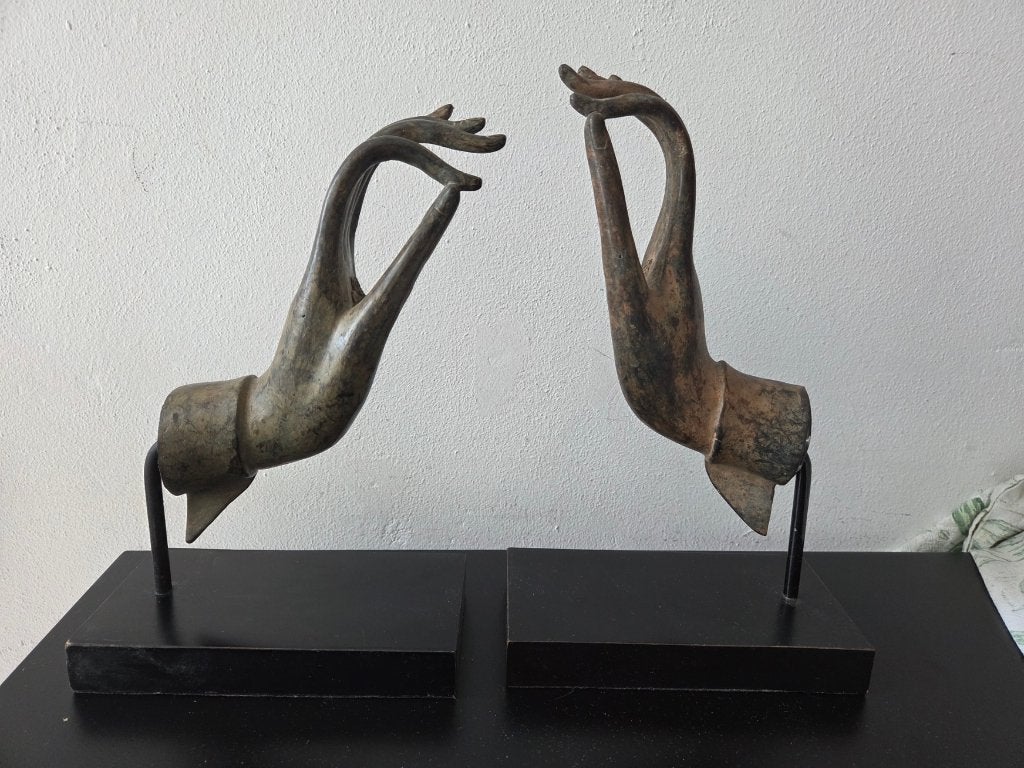 Antique Bronze Thai Teaching Hand Buddha bookends, Ophalen of Verzenden, Gebruikt