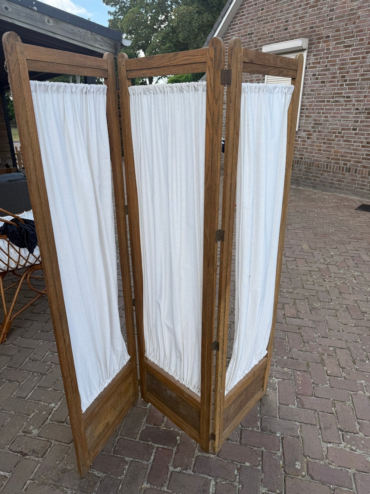 Mooi houten kamerscherm met afneembare gordijntjes, Ophalen of Verzenden, Gebruikt