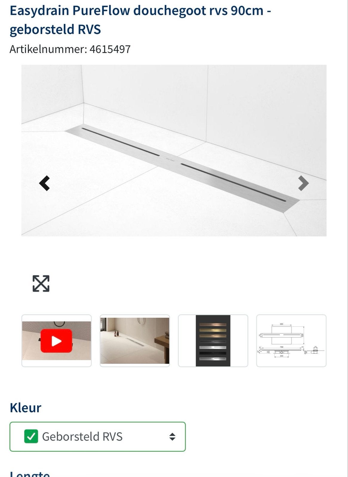 EasyDrain PureFlow Douchegoot RVS 90cm - Geborsteld, Huis en Inrichting, Ophalen of Verzenden, Nieuw, Met douche