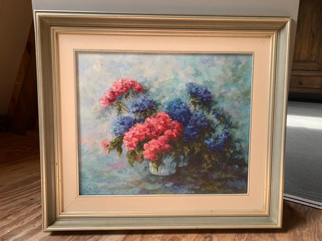 Schilderij met kleurrijke hortensia's van Wim Savelkouls., Ophalen
