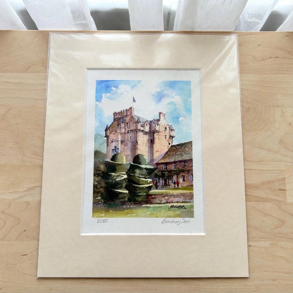 Vintage Art Print Aquarel Crathes Castle Schotland -, Ophalen of Verzenden, Print, Aquarel, Met kunstenaarsmerk