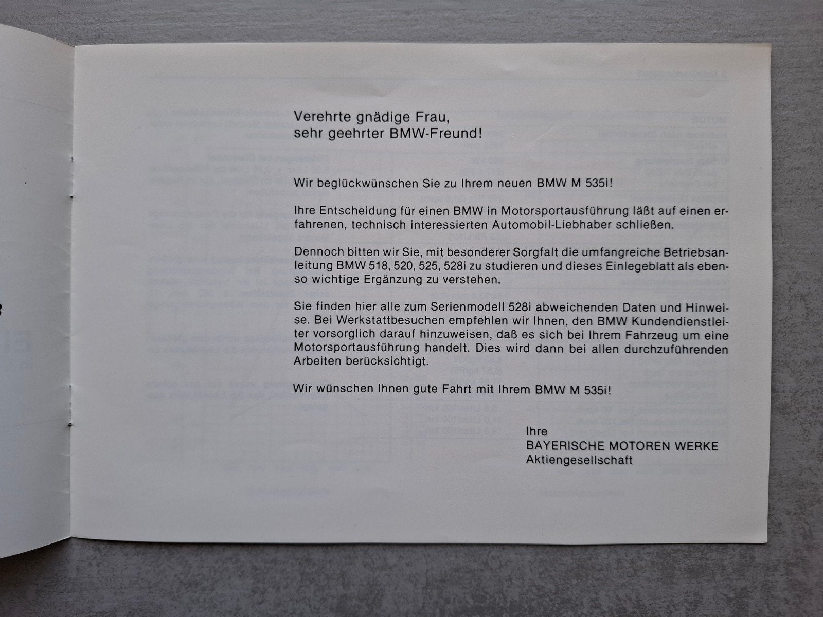 BMW M 535i 'Einlegeblatt' handleiding - 1980, Ophalen of Verzenden