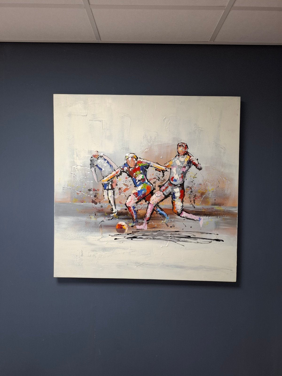 Groot 100x100cm Olieverfschilderij Voetballers Abstract, Ophalen