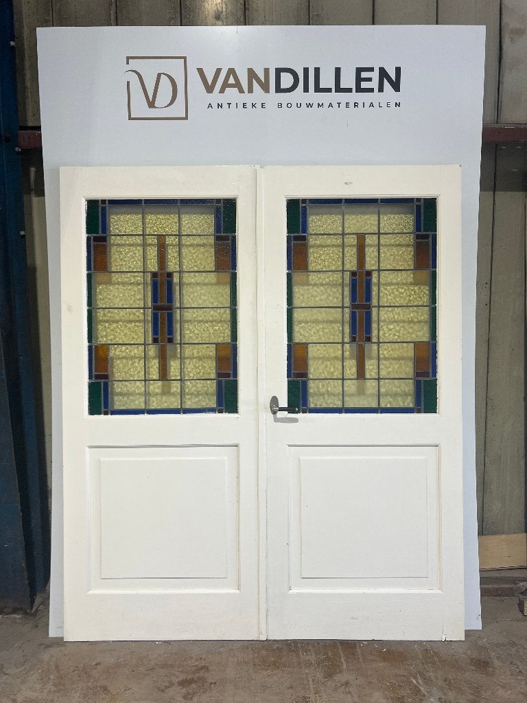 Oude ensuite vouw - klap deuren met glas in lood, Gebruikt, 120 cm of meer, Binnendeur, Ophalen of Verzenden