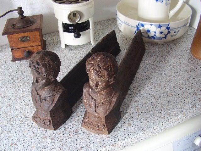Franse gietijzeren haardblokhouders / haardbokken, Huis en Inrichting, Ophalen, Gebruikt, Hout, Houtkachel