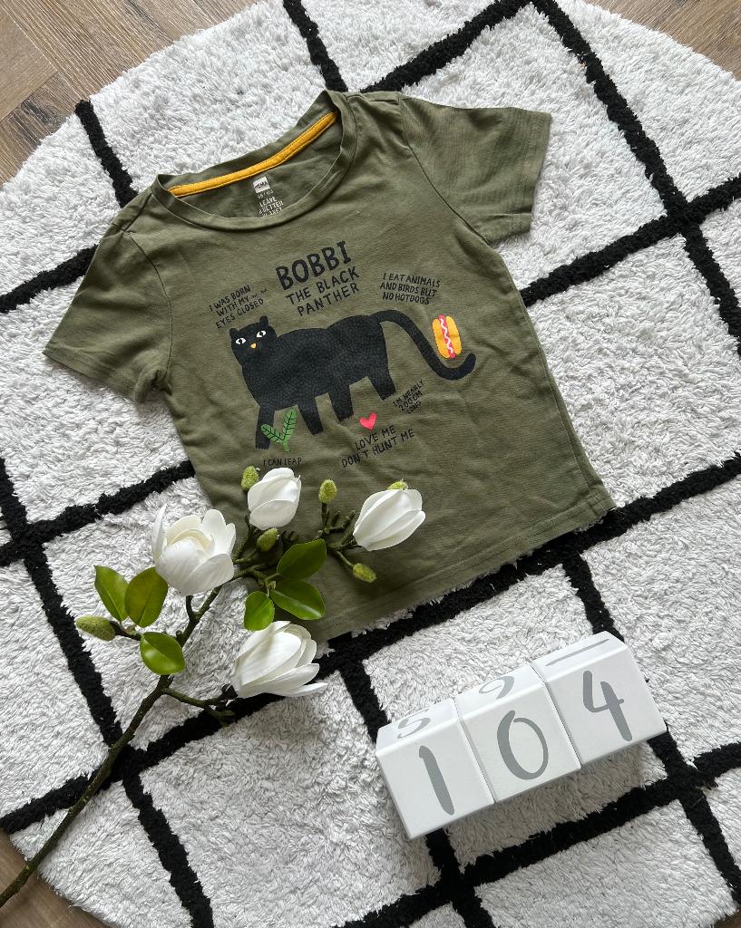 Heel goed groen Hema top shirt t-shirt 104 panter print girl, Meisje, Ophalen of Verzenden, Zo goed als nieuw, Shirt of Longsleeve