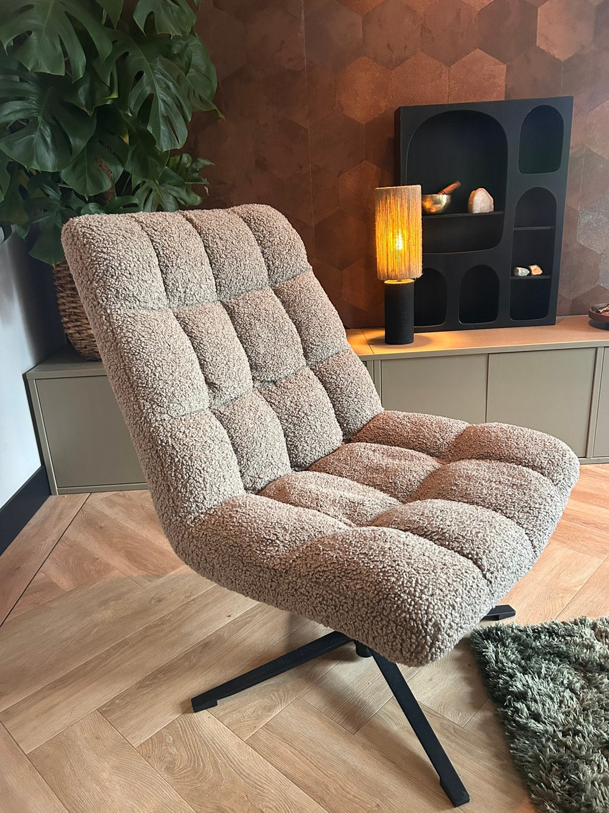 Teddy beige/grijs fauteuil, Ophalen, Zo goed als nieuw, 75 tot 100 cm, 50 tot 75 cm