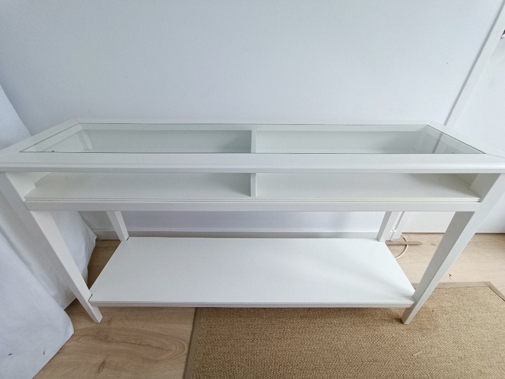 witte consoletafel met glasblad (IKEA), Huis en Inrichting, Tafels | Salontafels, Ophalen, 50 – 75, Minder dan 50 cm, Gebruikt