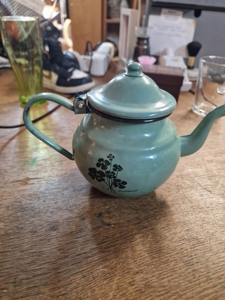 Klein groen emaille theepotje met bloemmotief, Ophalen