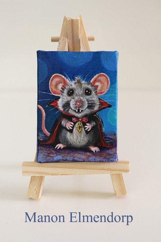 Uniek Handgeschilderd Schilderijtje Muisje Vampier Dracula, Minder dan 50 cm, Gesigneerd, Dits een origineel kunstwerkje, geen reproductie!