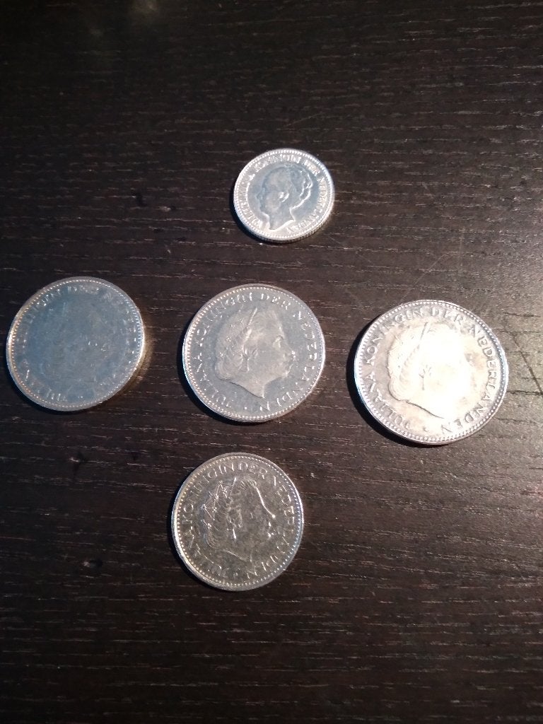 Set van 5 zilveren munten Koningin Wilhelmina en Juliana, Postzegels en Munten, Munten | Nederland, Verzenden, Koningin Juliana