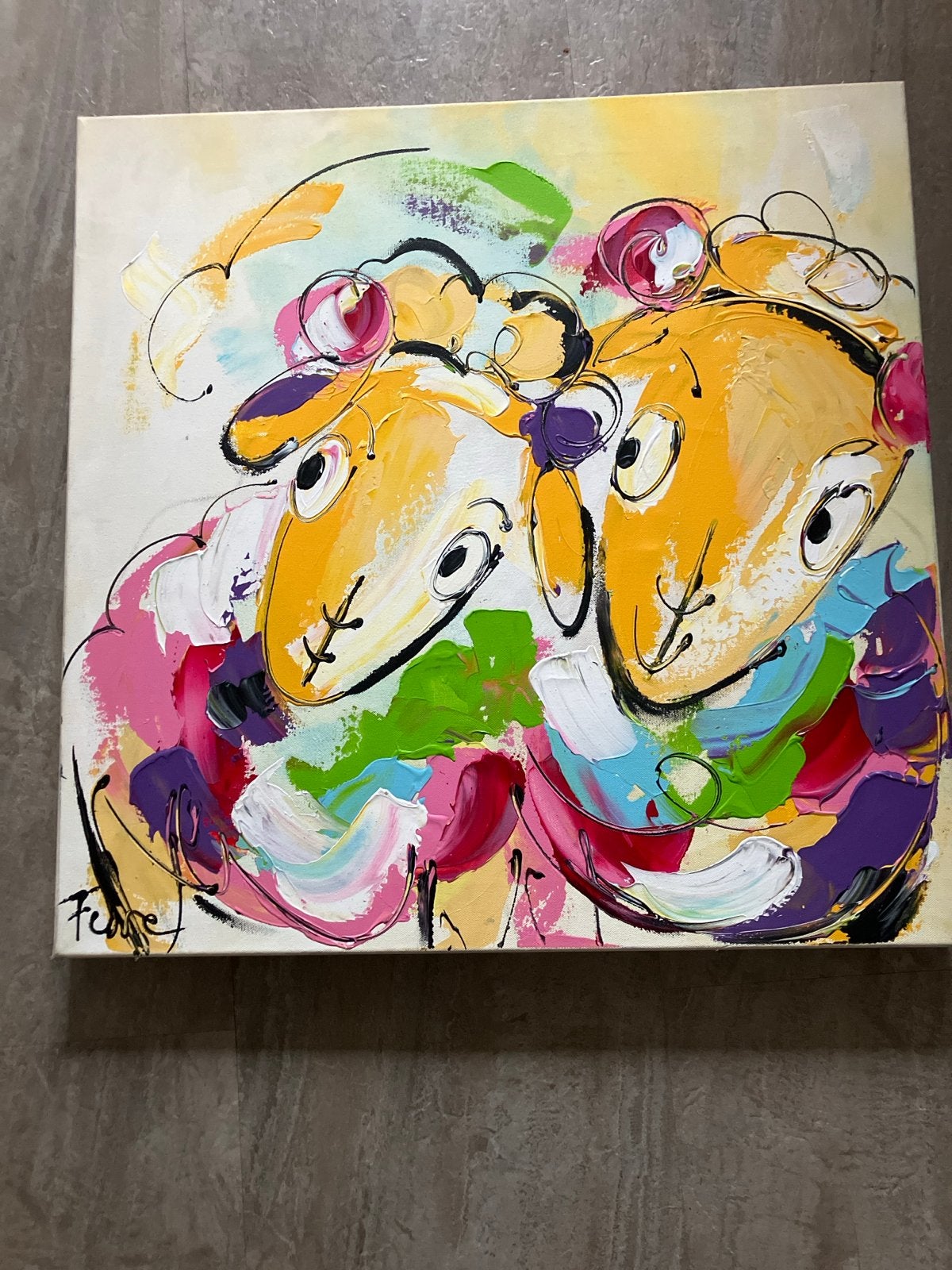 Vrolijk schilderij met twee schapen - Handgeschilderd, Ophalen, Dieren, Textiel, Gesigneerd