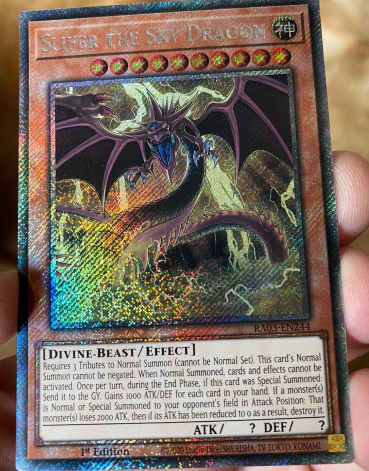 Yu-Gi-Oh! Slifer the Sky Dragon RA03 1st Edition !, Ophalen of Verzenden, Zo goed als nieuw, Losse kaart, Foil