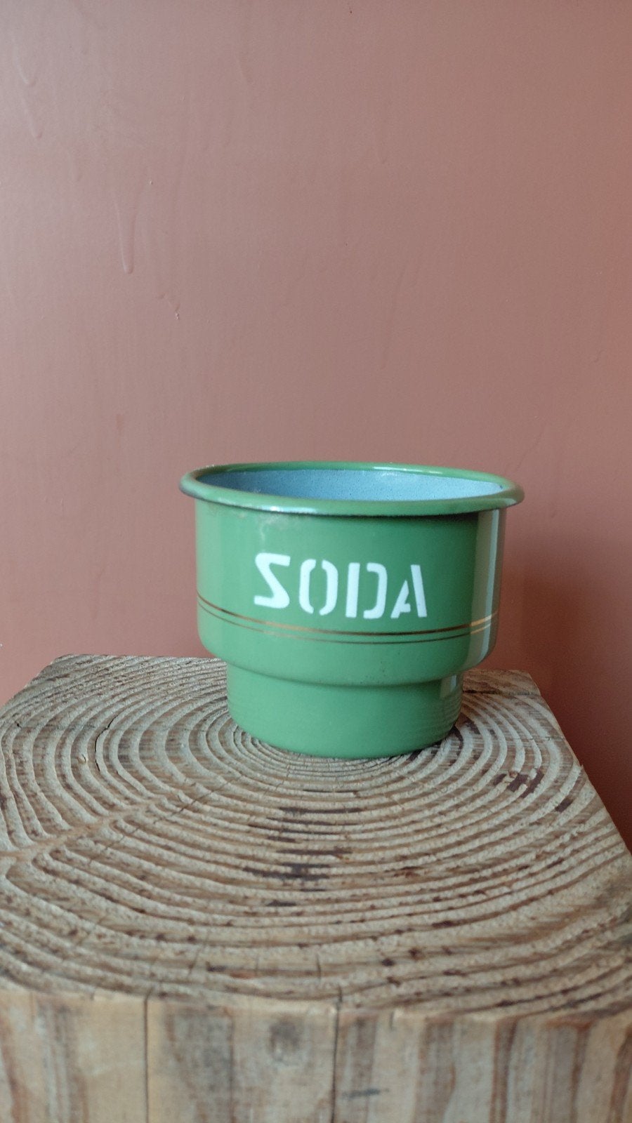 Vintage geëmailleerde 'SODA' pot - Groen, Antiek en Kunst, Ophalen of Verzenden