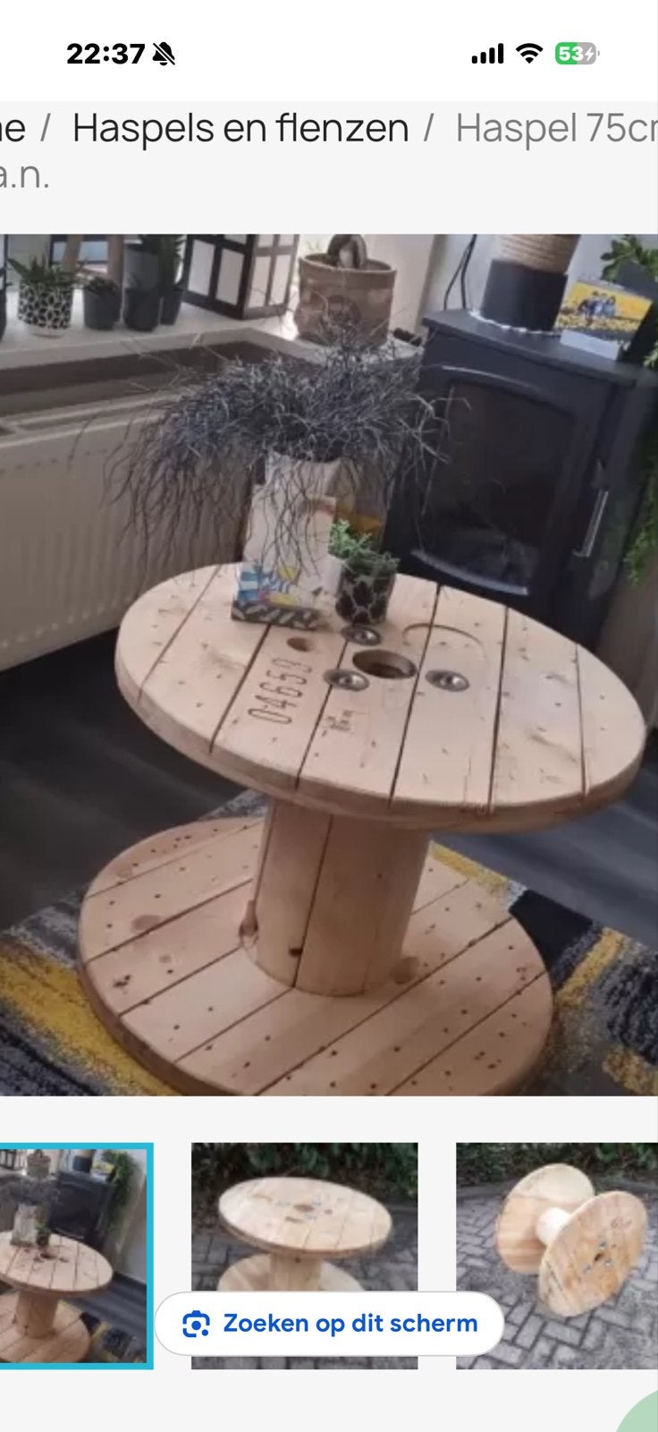 Unieke haspel tafel - robuust en sfeervol, Gebruikt, 50 tot 75 cm, Rond, Overige houtsoorten