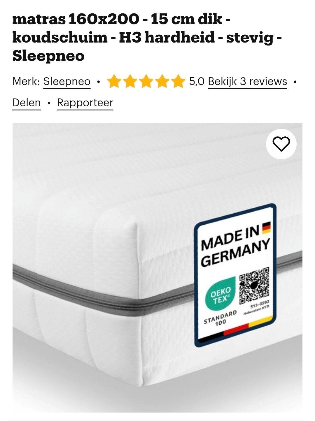 Sleepneo koudschuim matras 160x200 cm - H3 stevig, Ophalen, Matras, 200 cm, 160 cm