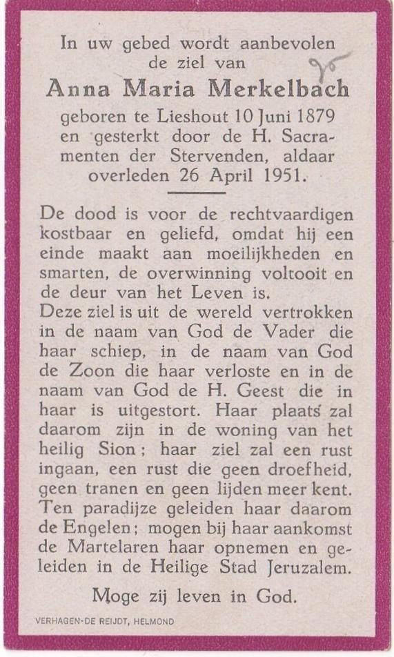 Anna Maria Merkelbach 1879 Lieshout + 1951 Lieshout, 71 jaar, Verzamelen, Verzenden