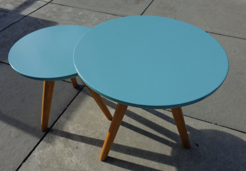 2 ronde tafeltjes in hout, Huis en Inrichting, Ophalen, Minder dan 50 cm, 50 tot 100 cm, Rond