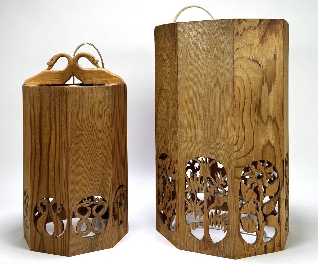636. Houten hanglampen met ajourdecor, ca. 1960, Ophalen of Verzenden, Gebruikt, Hout, Minder dan 50 cm