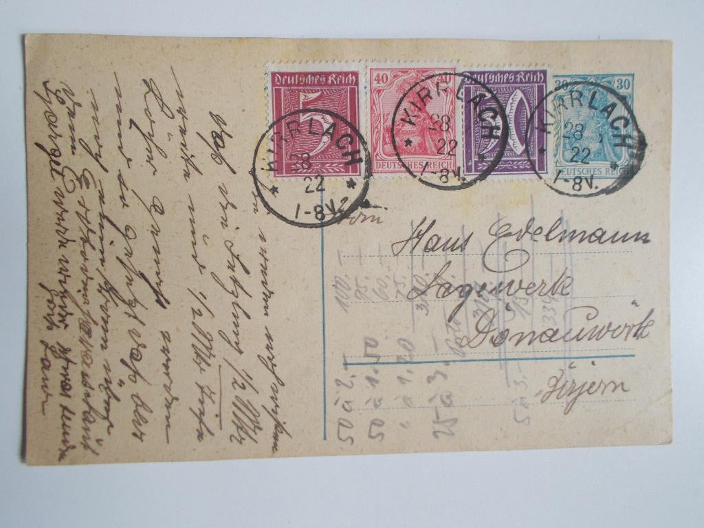 Duitse Rijk, Inflatie-Postkaart Kirrlach-Donauwörth 1922., Postzegels en Munten, Brieven en Enveloppen | Buitenland, Ophalen, Briefkaart