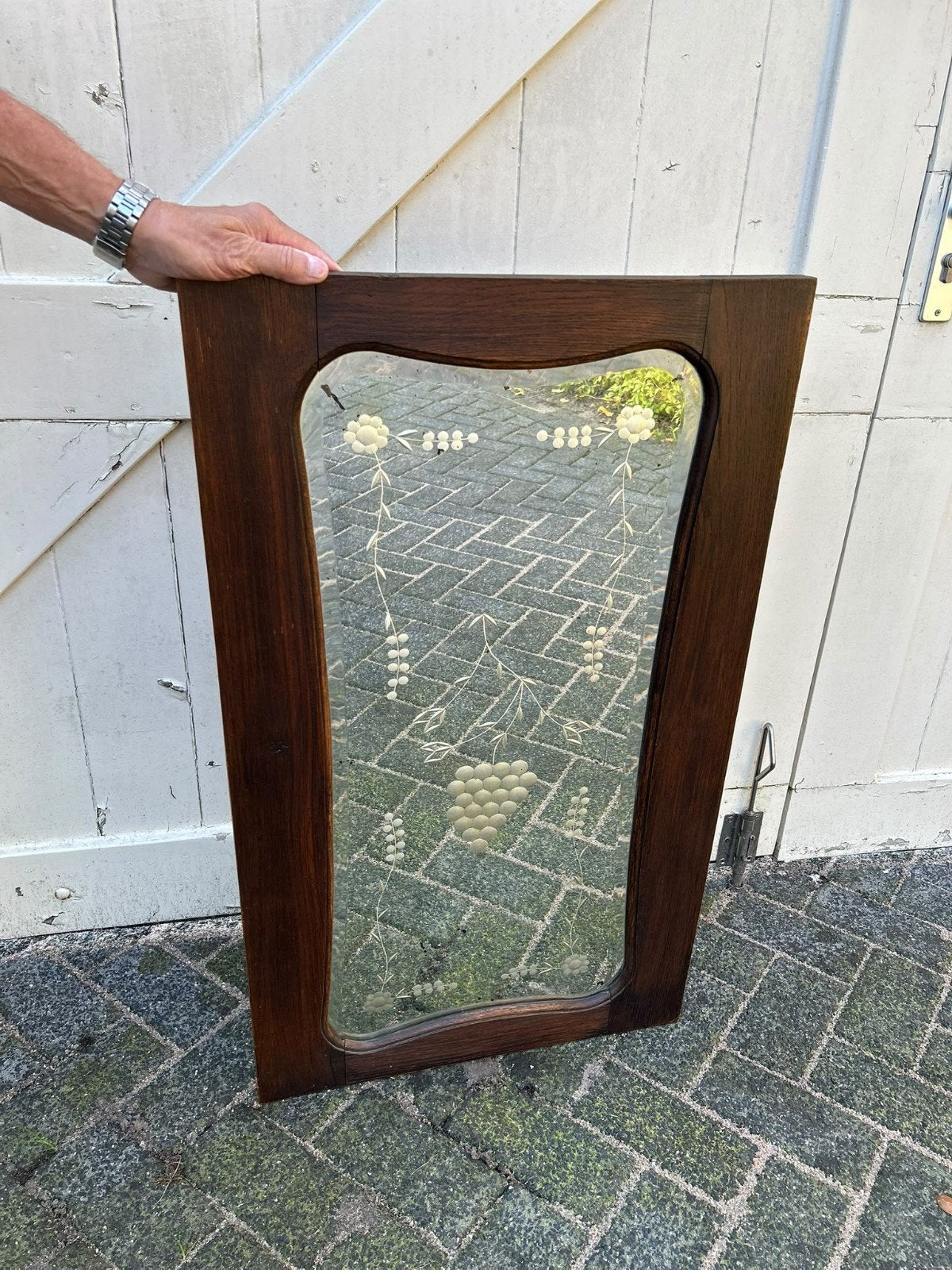Antieke spiegel met houten lijst en geëtst glas, Antiek en Kunst, Ophalen
