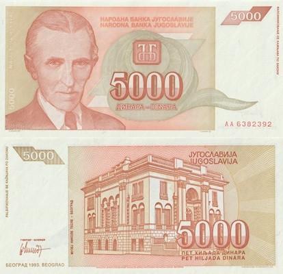 JOEGOSLAVIE 1993 5000 dinara #128 UNC, Verzenden, Joegoslavië, Los biljet