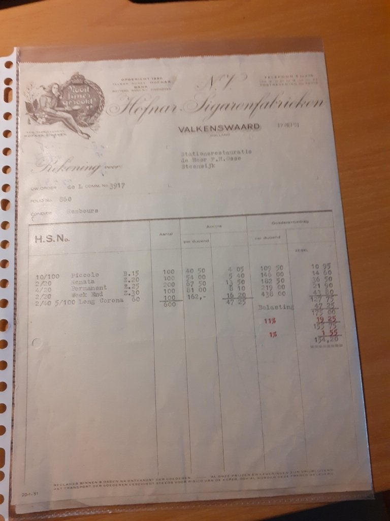 HOFNAR sigarenfabriek Valkenswaard factuur 1951, Ophalen of Verzenden, Zo goed als nieuw, Overige typen