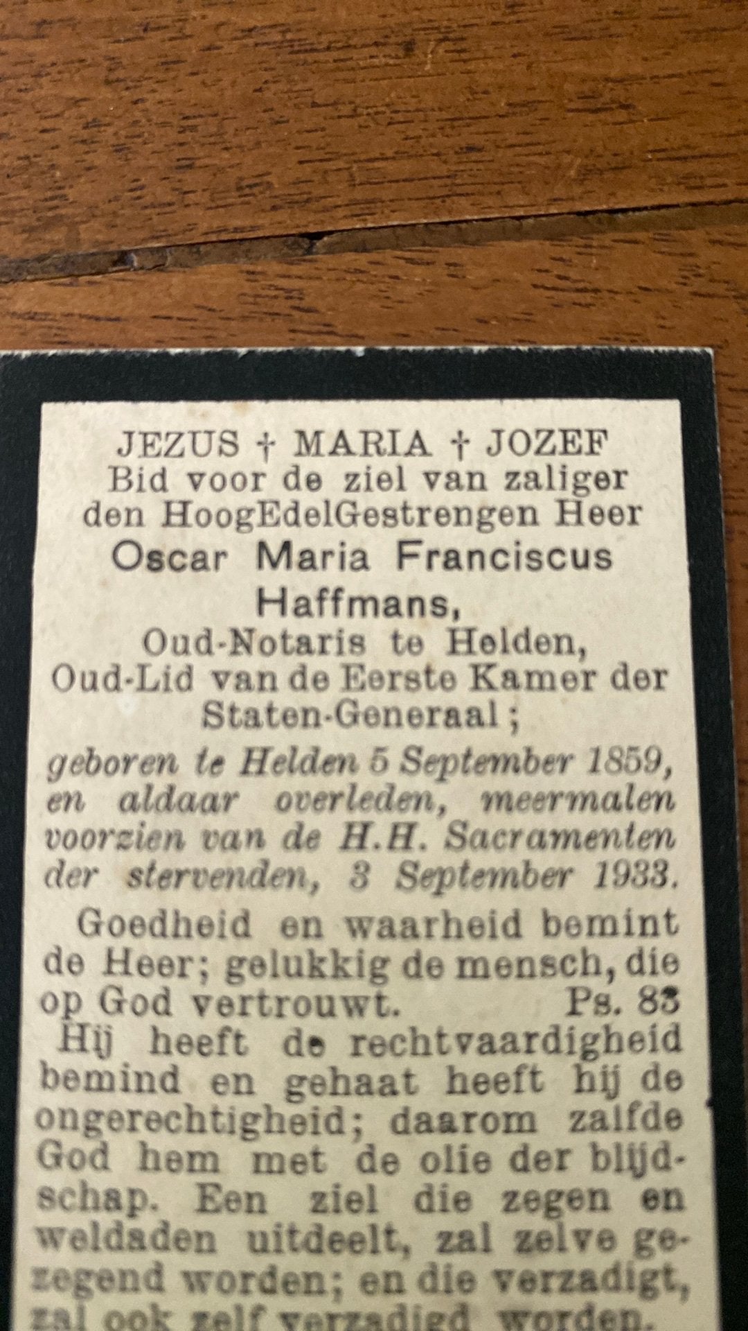 lid Eerste Kamer & notaris OMF Haffmans x Wibaut 1859 Helden, Verzamelen, Ophalen of Verzenden